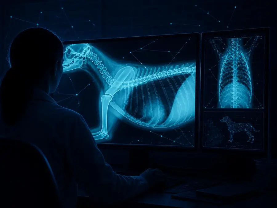 Veterinary radiologist reviewing a diagnostic study on dual monitors