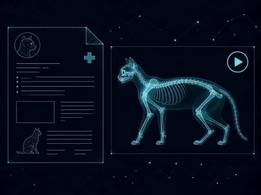 Feline skeletal radiograph alongside a structured diagnostic report